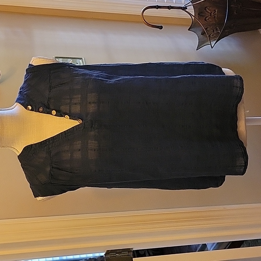 New Directions Deep Pacific Blue sleeveless semi sheer top button trim Med EUC …